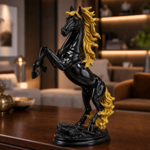 Royal Black & Gold Rearing Horse Statue