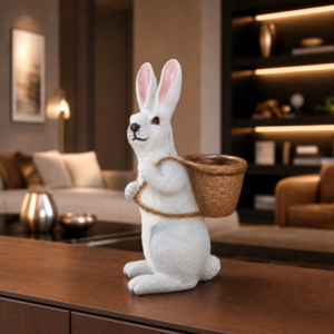 White Bunny Basket Decorative Tabletop Figurine